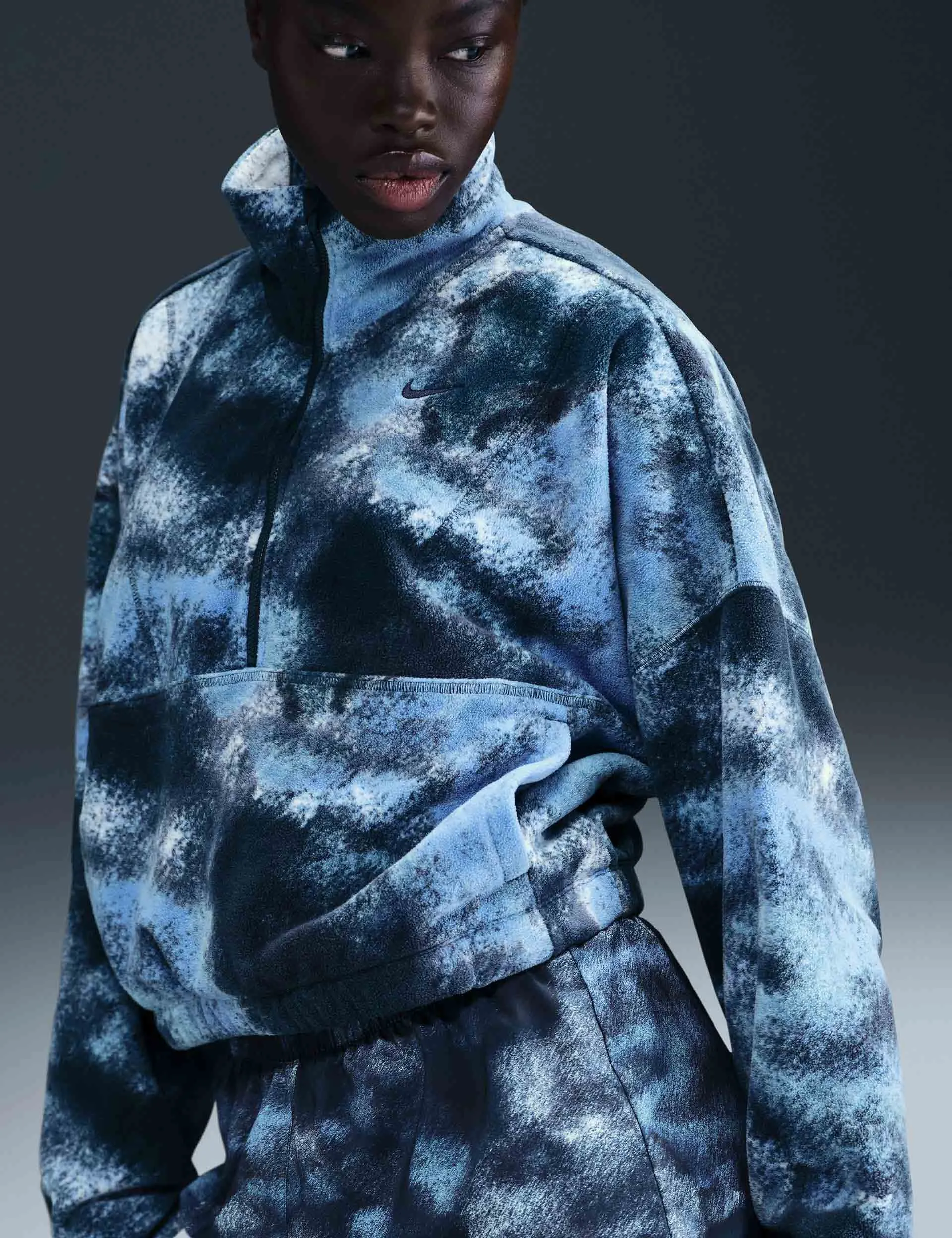 One Oversized 1/2-Zip Fleece Printed Top - Armory Navy
