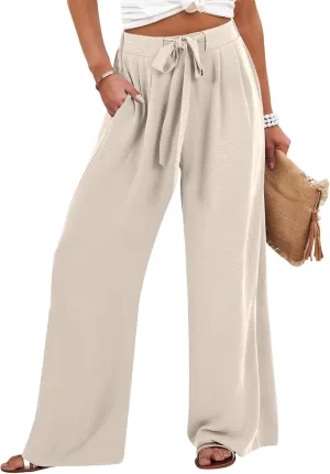 Palazzo Pants for Women Casual Tie High Waist Baggy Flowy Pants Beach Boho Business Dressy Lounge Slacks with Pockets