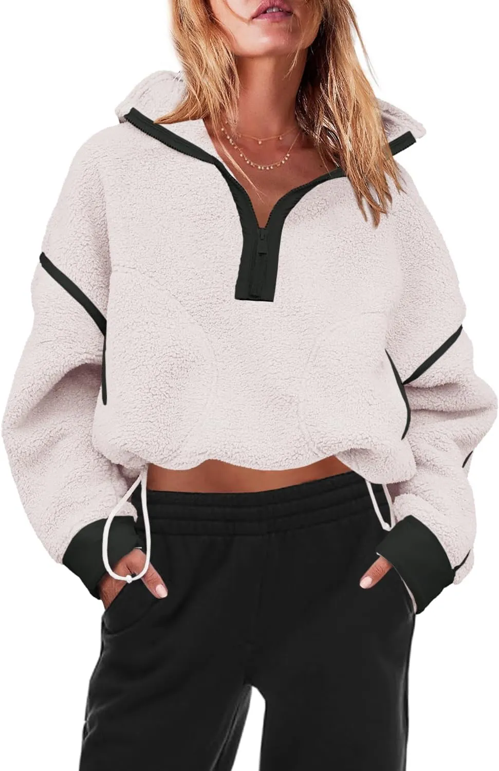 Panadila Womens Half Zip Sherpa Fleece Pullover Soft Oversized Sweatshirt with Pockets Warm Fuzzy Sweater