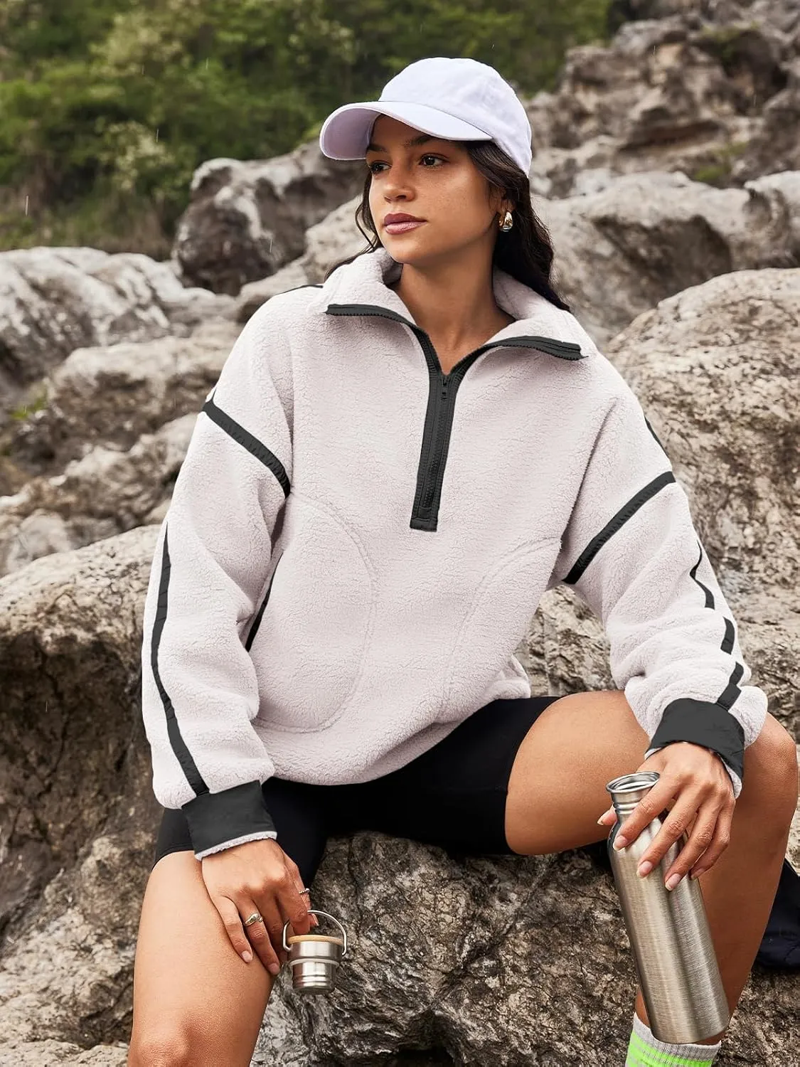 Panadila Womens Half Zip Sherpa Fleece Pullover Soft Oversized Sweatshirt with Pockets Warm Fuzzy Sweater