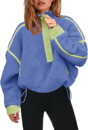 Panadila Womens Half Zip Sherpa Fleece Pullover Soft Oversized Sweatshirt with Pockets Warm Fuzzy Sweater