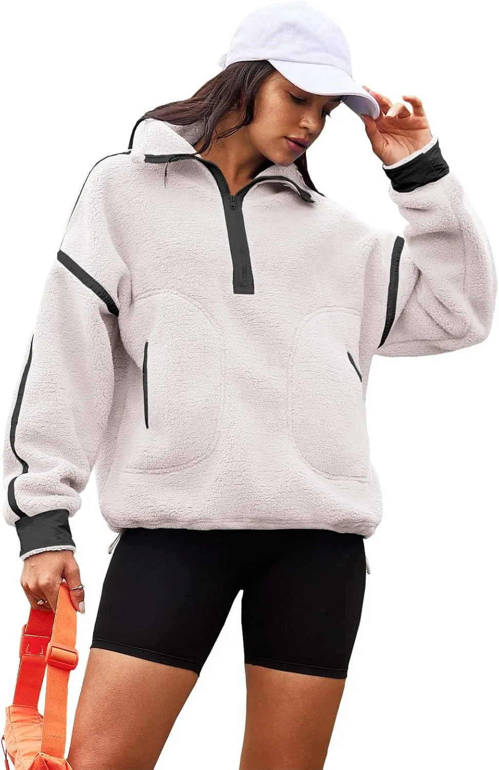 Panadila Womens Half Zip Sherpa Fleece Pullover Soft Oversized Sweatshirt with Pockets Warm Fuzzy Sweater