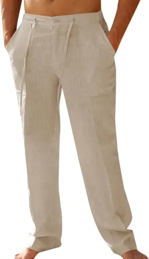 PASLTER Mens Casual Linen Pants Loose Fit Elastic Drawstring Waist Straight-Legs Summer Yoga Beach Long Pants