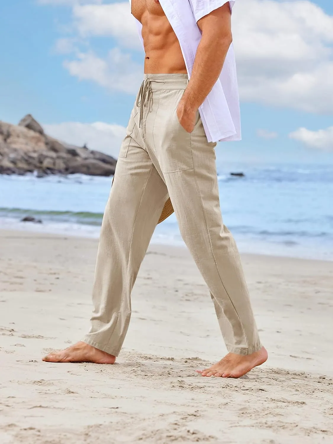 PASLTER Mens Casual Linen Pants Loose Fit Elastic Drawstring Waist Straight-Legs Summer Yoga Beach Long Pants