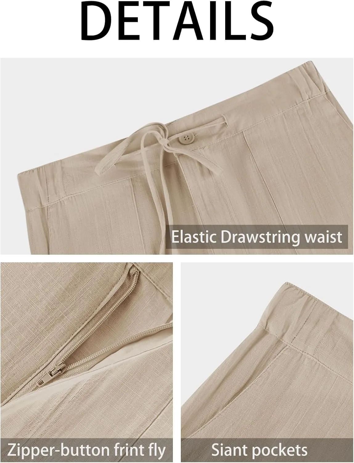 PASLTER Mens Casual Linen Pants Loose Fit Elastic Drawstring Waist Straight-Legs Summer Yoga Beach Long Pants