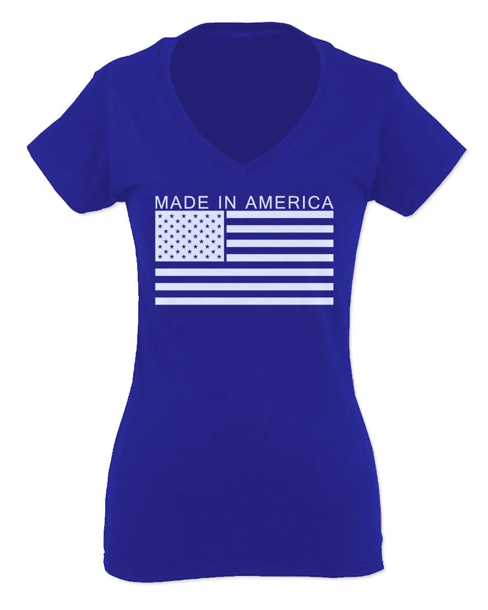 Patriotic American Proud Made in USA United States America Flag For Women V neck fitted T Shirt
