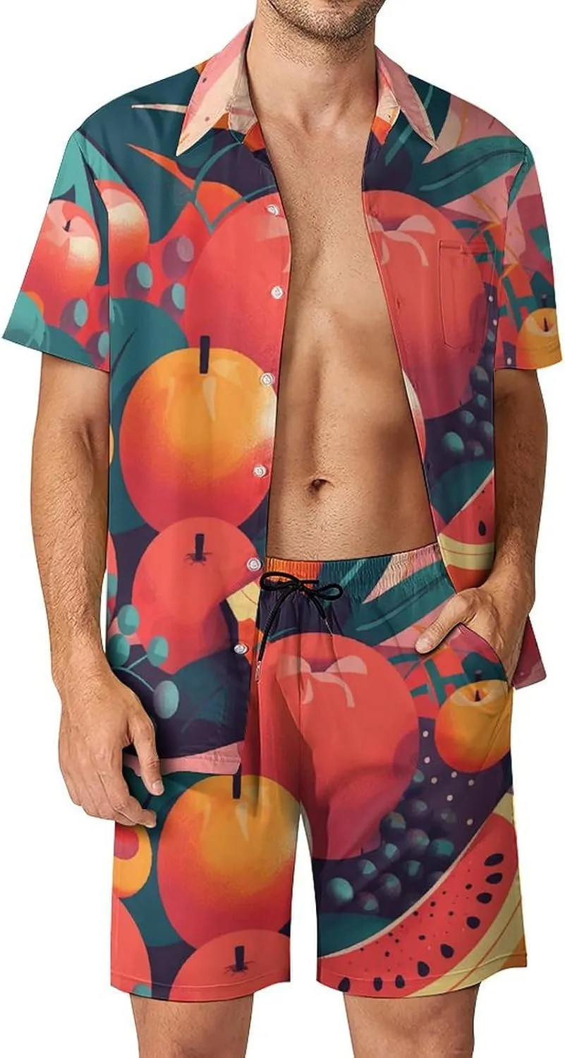 Pile of Peach Fruits Mens Swimsuit 2 Pieces Set Quick Dry Shorts Shirts Summer Button Down Short Sleeve Set