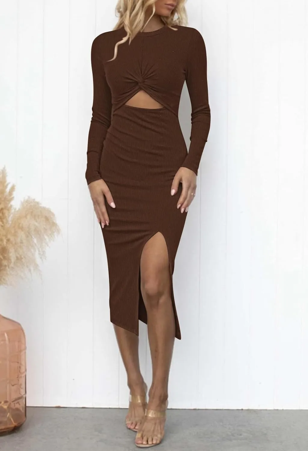 Pink Queen Women's Crew Neck Long Sleeve Midi Dress Cutout Twist Front Bodycon Slit Pencil Ribbed Knit Dresses
