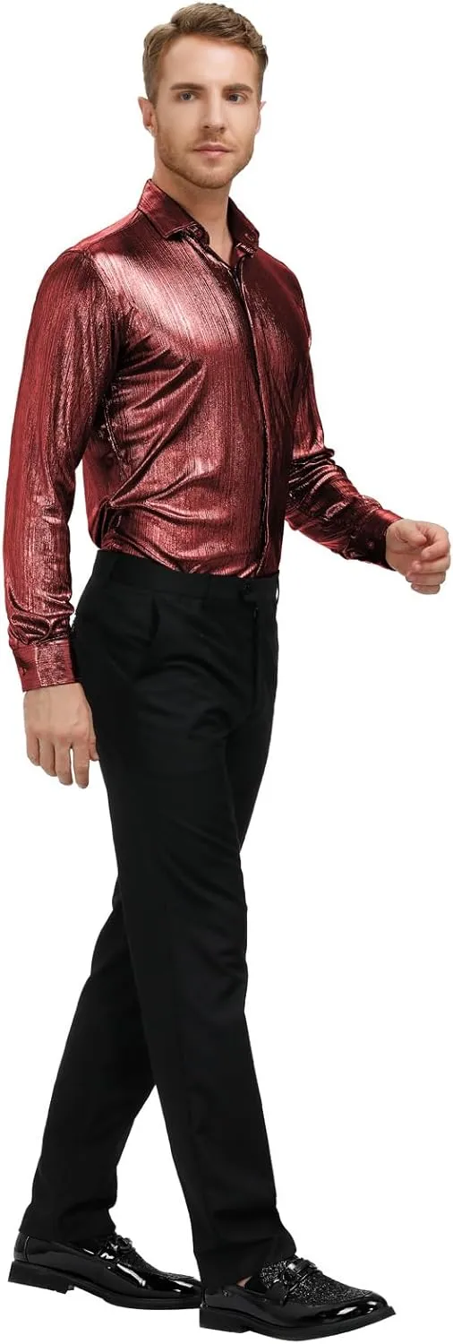 PJ PAUL JONES Men's 70s Disco Shirts Luxury Metallic Sequins Button Down Long Sleeve Party Shirt Nightclub Costume Tops
