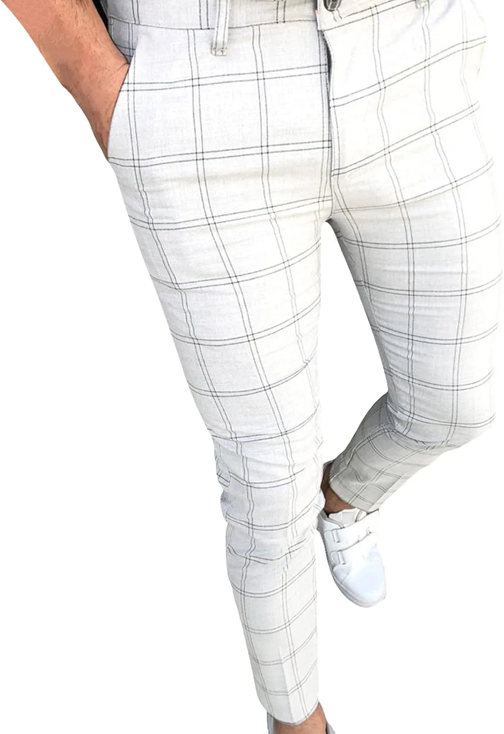 Plaid Slim Fit Dress Pants for Men Tapered Golf Skinny Stretch Chino Pants Casual Slacks Striped Business Pants