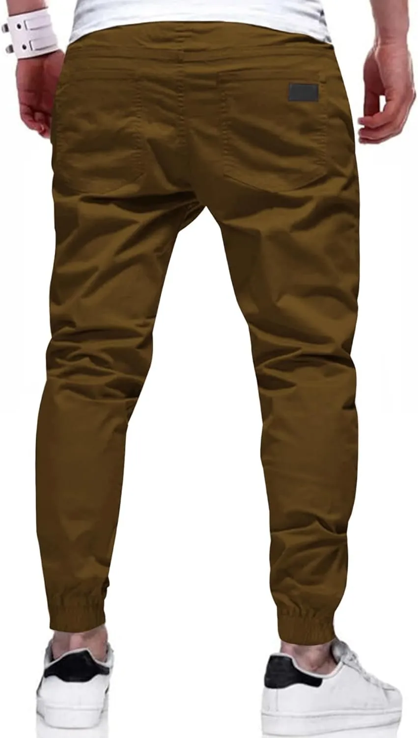 PLEPAN Mens Casual Cargo Joggers - Cotton Drawstring Chino Pants Hiking Outdoor Twill Track Jogging Sweatpants