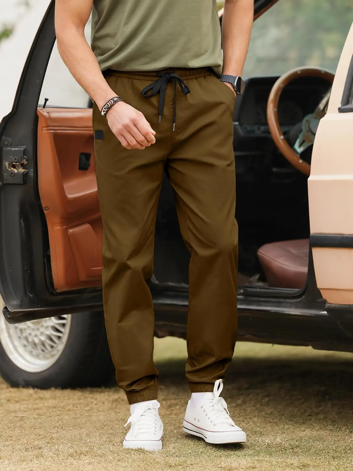 PLEPAN Mens Casual Cargo Joggers - Cotton Drawstring Chino Pants Hiking Outdoor Twill Track Jogging Sweatpants