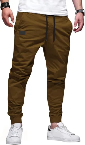 PLEPAN Mens Casual Cargo Joggers - Cotton Drawstring Chino Pants Hiking Outdoor Twill Track Jogging Sweatpants