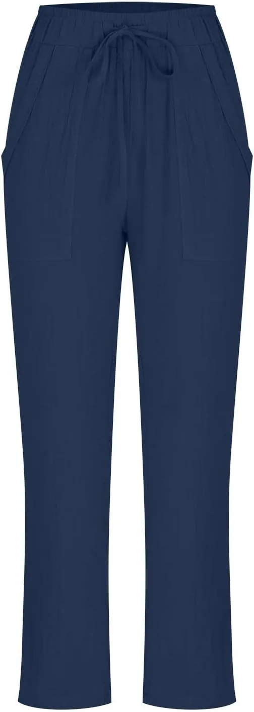 Plus Size Casual Pants for Women, Cotton Linen Lightweight Breathable Tapered Trousers Drawstring Elastic Waist Slack