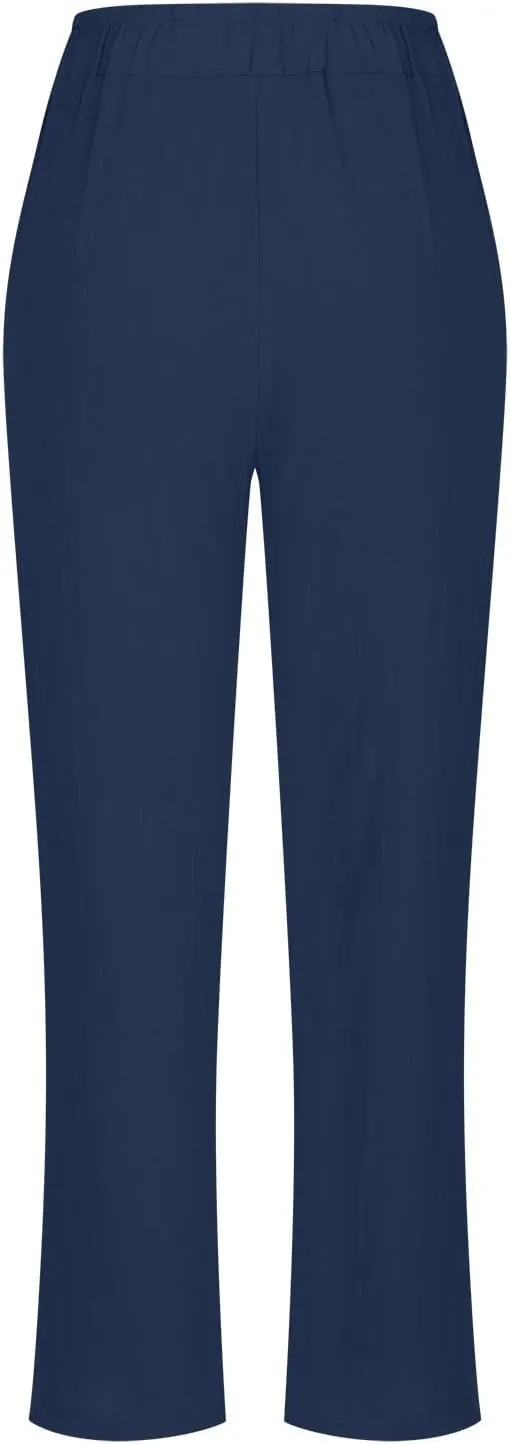 Plus Size Casual Pants for Women, Cotton Linen Lightweight Breathable Tapered Trousers Drawstring Elastic Waist Slack