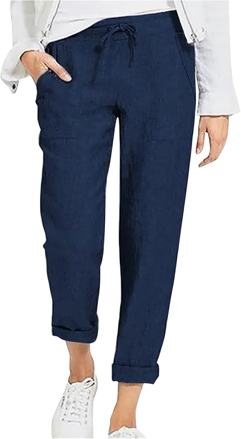 Plus Size Casual Pants for Women, Cotton Linen Lightweight Breathable Tapered Trousers Drawstring Elastic Waist Slack