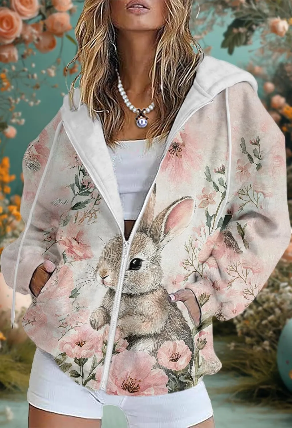 Plus Size Spring Sweatshirts for Women 2025 Easter Hoodie Bunny Egg Print Long Sleeve Hooded Jacket with Pockets