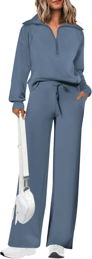 PRETTYGARDEN Women's 2 Piece Outfits Casual Lapel Half Zip Sweatshirts And Wide Leg Pants Tracksuit Sets