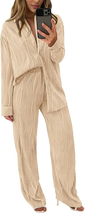 PRETTYGARDEN Women's 2 Piece Textured Sets Casual Button Down Shirt Wide Leg Pants Outfit Loungewear Tracksuit