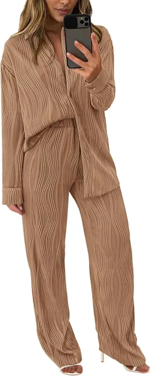 PRETTYGARDEN Women's 2 Piece Textured Sets Casual Button Down Shirt Wide Leg Pants Outfit Loungewear Tracksuit