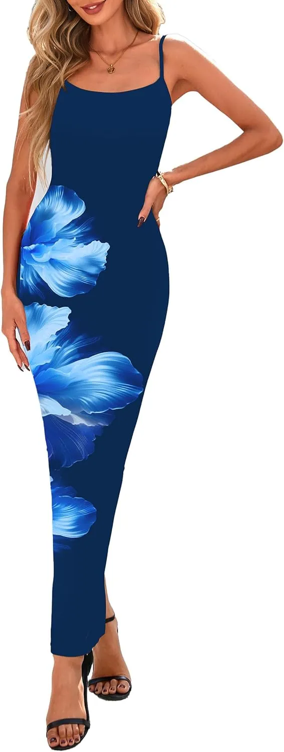 PRETTYGARDEN Women's Summer Maxi Bodycon Dress Spaghetti Strap Slim Fit Back Slit Long Dress Floral Sundress