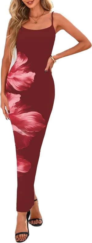 PRETTYGARDEN Women's Summer Maxi Bodycon Dress Spaghetti Strap Slim Fit Back Slit Long Dress Floral Sundress