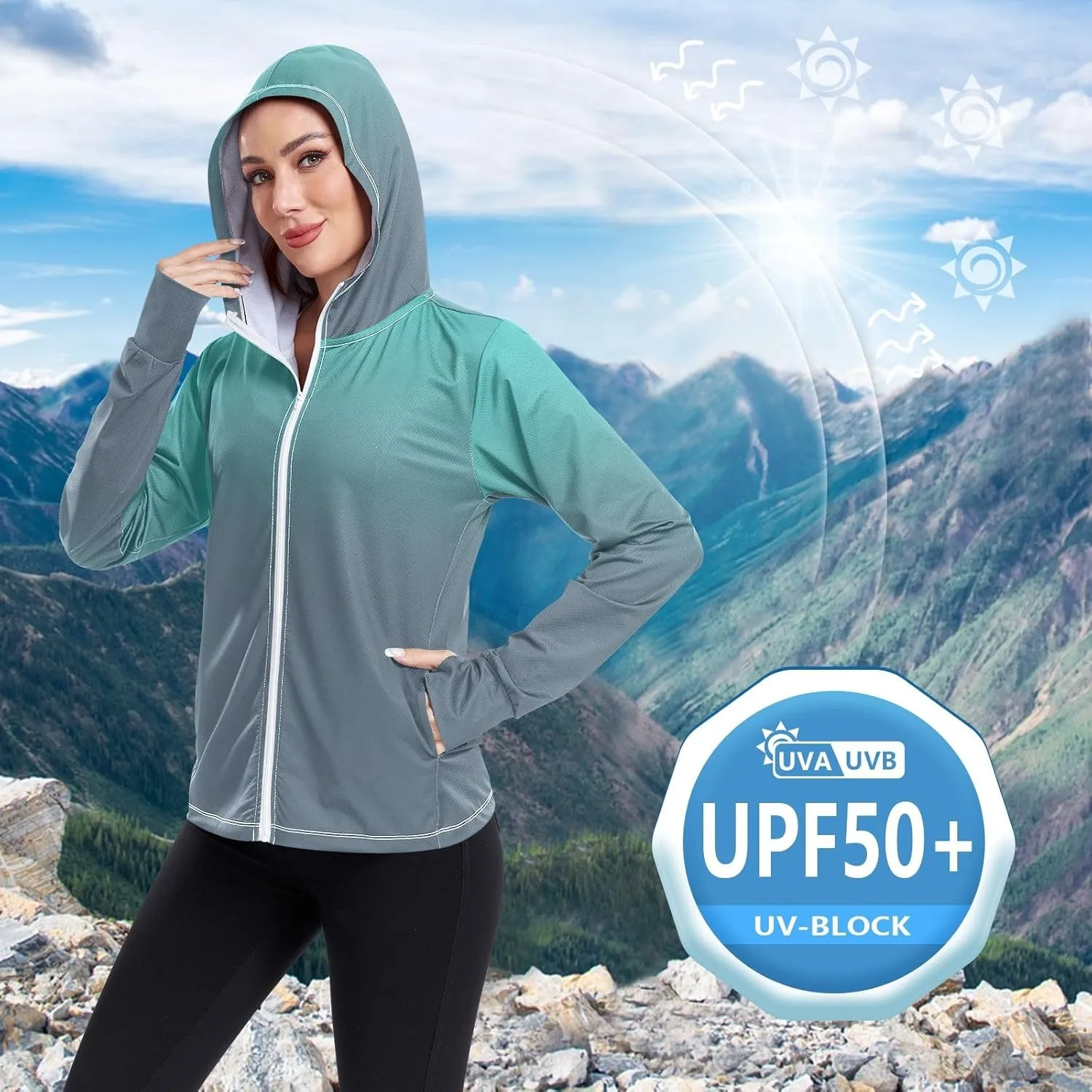 Purple Gradient Womens Sun Protection Shirts UPF 50  UV Sun Protection Clothing Women's Hoodie Zip Front Rash Guard