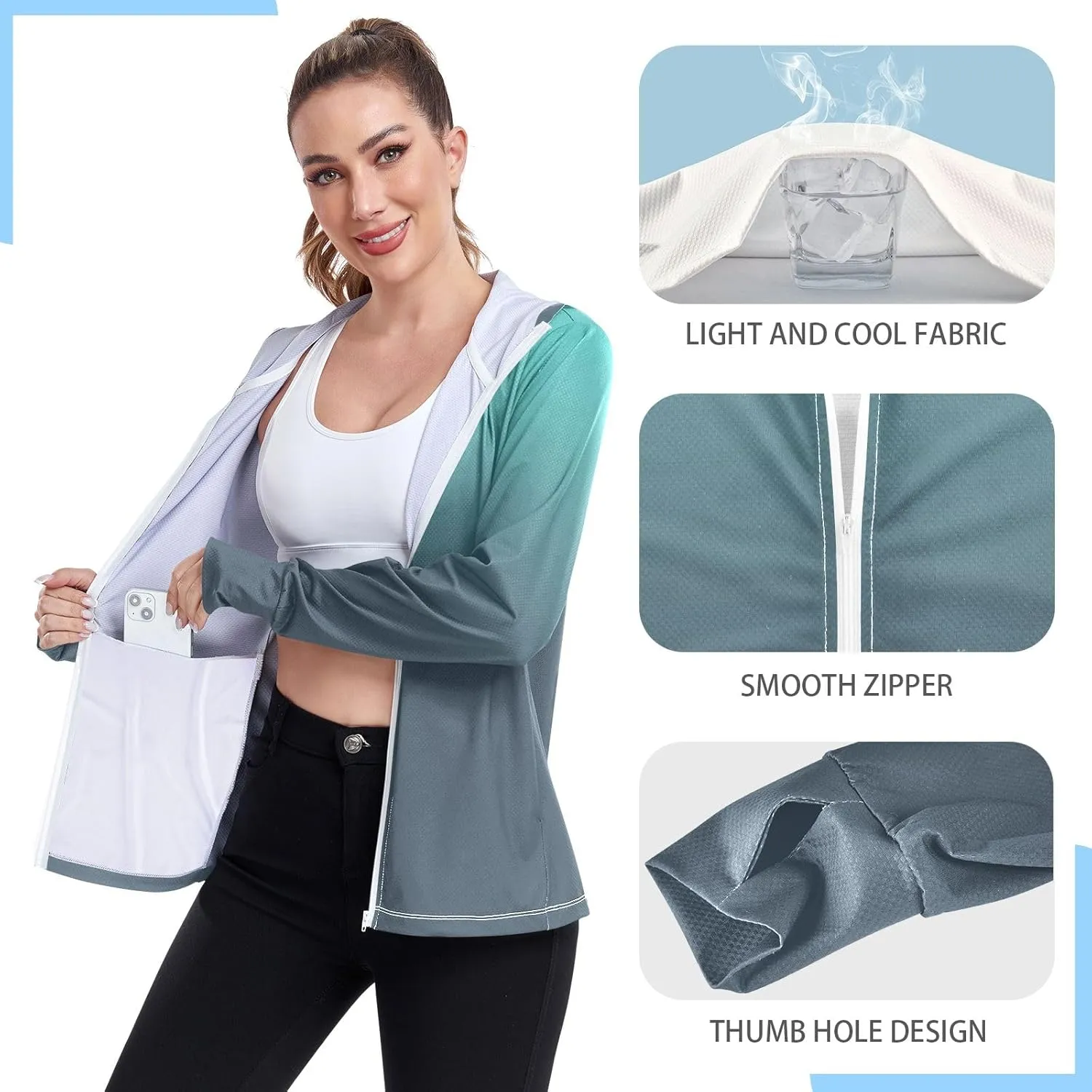 Purple Gradient Womens Sun Protection Shirts UPF 50  UV Sun Protection Clothing Women's Hoodie Zip Front Rash Guard