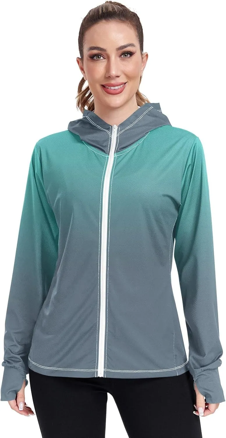 Purple Gradient Womens Sun Protection Shirts UPF 50  UV Sun Protection Clothing Women's Hoodie Zip Front Rash Guard