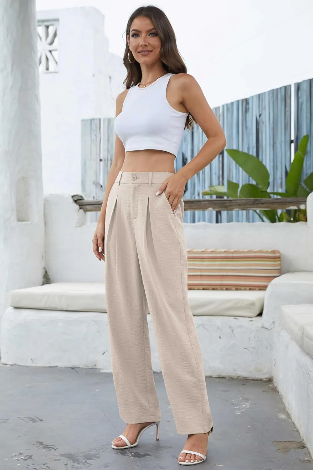 QUEZHU Women's Fall Straight Leg Pants Elastic Waisted in The Back Business Casual Trousers Long Wide Pants Trendy 2024