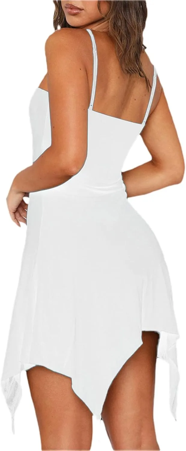 Raruxxin Women Halter Neck Short Dress Irregular Ruffle Hem Fringed Sleeveless Mini Dress Y2k Sexy Open Back Fairy Dresses