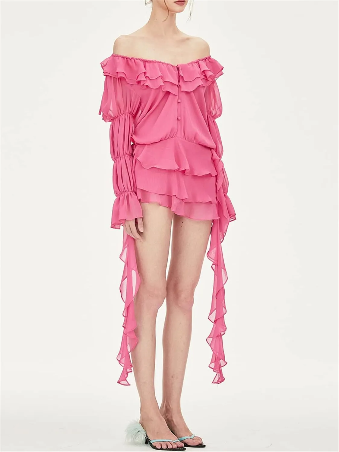 Raruxxin Women Halter Neck Short Dress Irregular Ruffle Hem Fringed Sleeveless Mini Dress Y2k Sexy Open Back Fairy Dresses