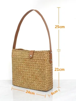 Rattan Hobo Bags for Woman Handwoven Straw Purse PU Tote Bag Straw Shoulder Bag for Party Beach