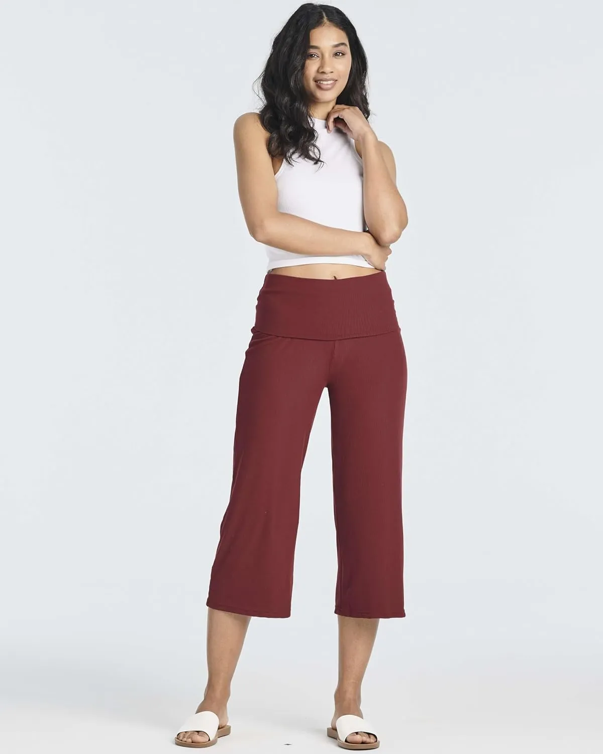 Real Essentials 3 Pack: Women's Ribbed Foldover Wide Leg Loose Capri Open Bottom Yoga Lounge Pants (Available in Plus)