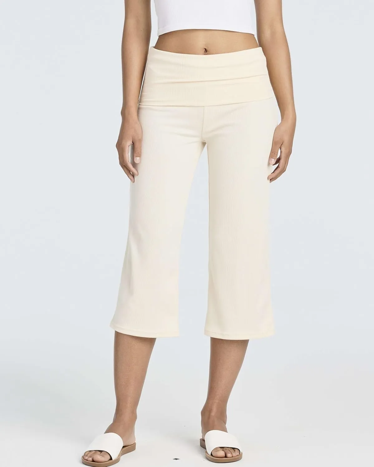Real Essentials 3 Pack: Women's Ribbed Foldover Wide Leg Loose Capri Open Bottom Yoga Lounge Pants (Available in Plus)