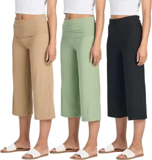 Real Essentials 3 Pack: Women's Ribbed Foldover Wide Leg Loose Capri Open Bottom Yoga Lounge Pants (Available in Plus)