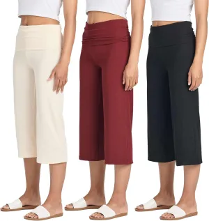 Real Essentials 3 Pack: Women's Ribbed Foldover Wide Leg Loose Capri Open Bottom Yoga Lounge Pants (Available in Plus)