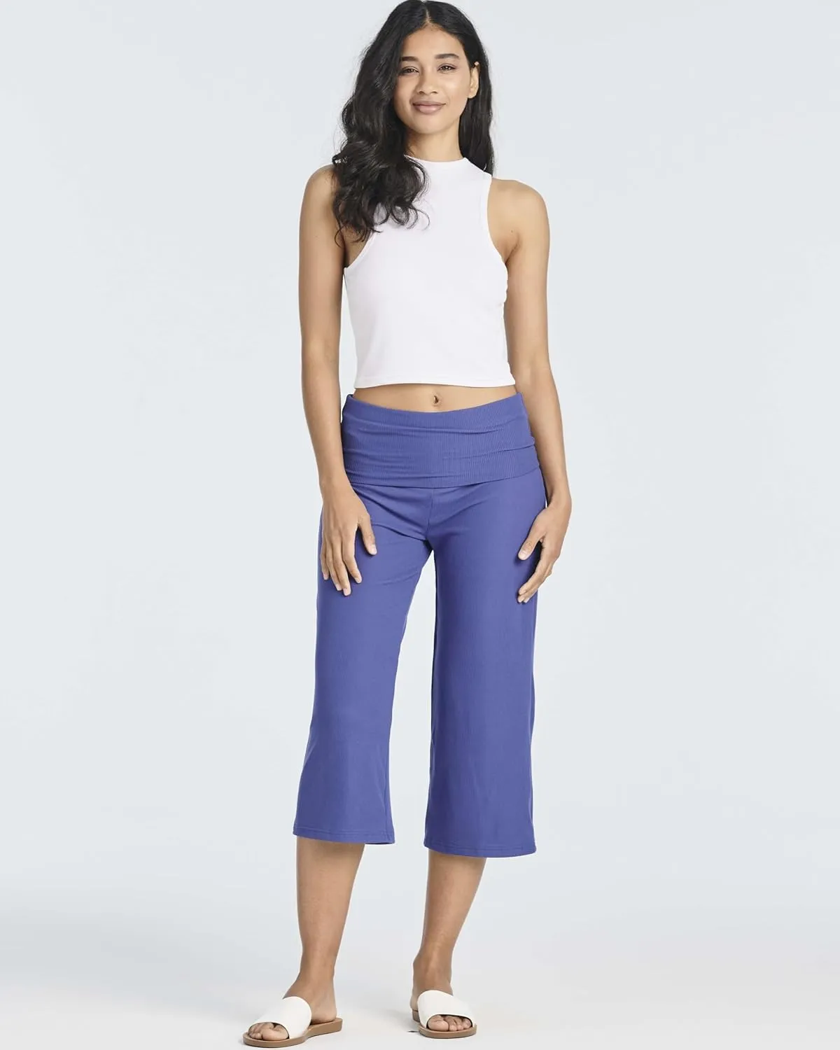 Real Essentials 3 Pack: Women's Ribbed Foldover Wide Leg Loose Capri Open Bottom Yoga Lounge Pants (Available in Plus)