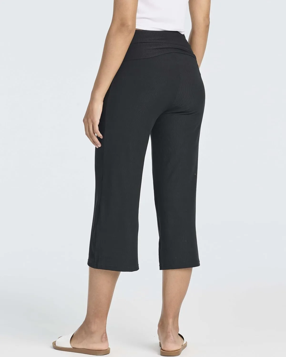 Real Essentials 3 Pack: Women's Ribbed Foldover Wide Leg Loose Capri Open Bottom Yoga Lounge Pants (Available in Plus)