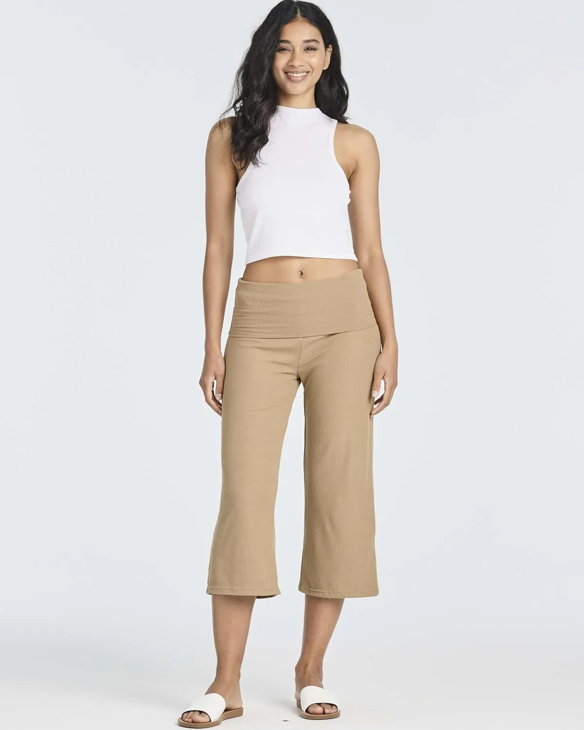 Real Essentials 3 Pack: Women's Ribbed Foldover Wide Leg Loose Capri Open Bottom Yoga Lounge Pants (Available in Plus)