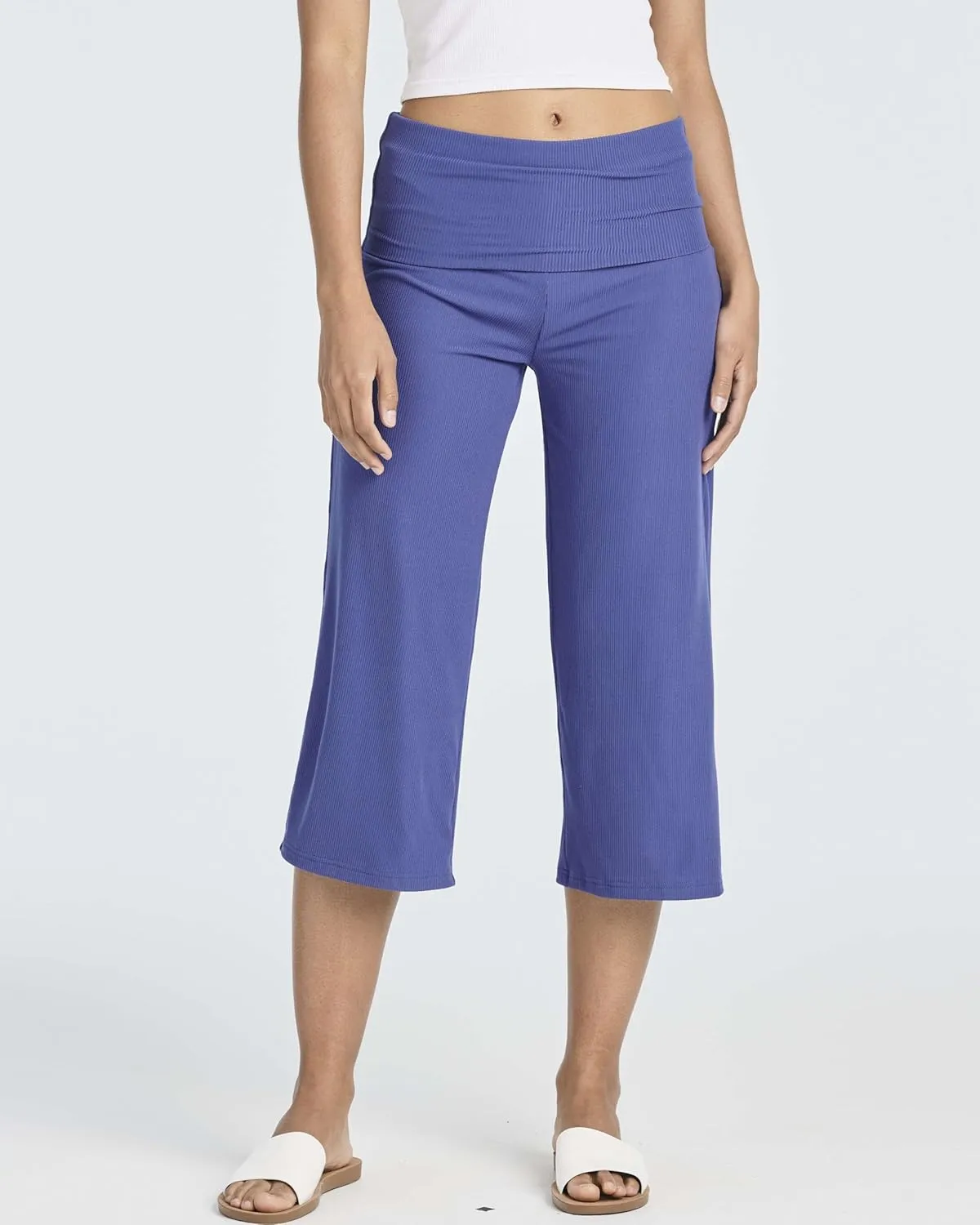 Real Essentials 3 Pack: Women's Ribbed Foldover Wide Leg Loose Capri Open Bottom Yoga Lounge Pants (Available in Plus)