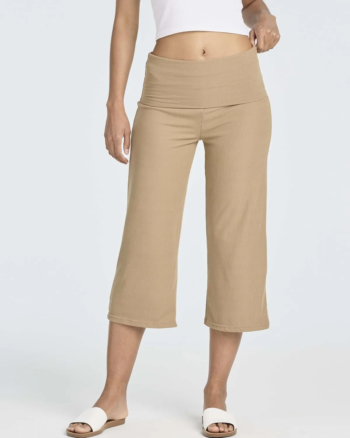 Real Essentials 3 Pack: Women's Ribbed Foldover Wide Leg Loose Capri Open Bottom Yoga Lounge Pants (Available in Plus)