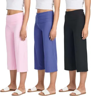 Real Essentials 3 Pack: Women's Ribbed Foldover Wide Leg Loose Capri Open Bottom Yoga Lounge Pants (Available in Plus)