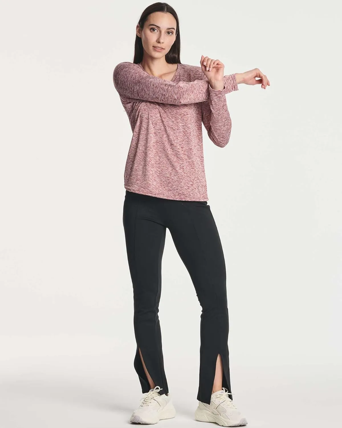 Real Essentials 4-Pack: Women's Dry-Fit Long-Sleeve V-Neck Athletic Workout Shirt (Available in Plus Size)