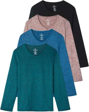 Real Essentials 4-Pack: Women's Dry-Fit Long-Sleeve V-Neck Athletic Workout Shirt (Available in Plus Size)
