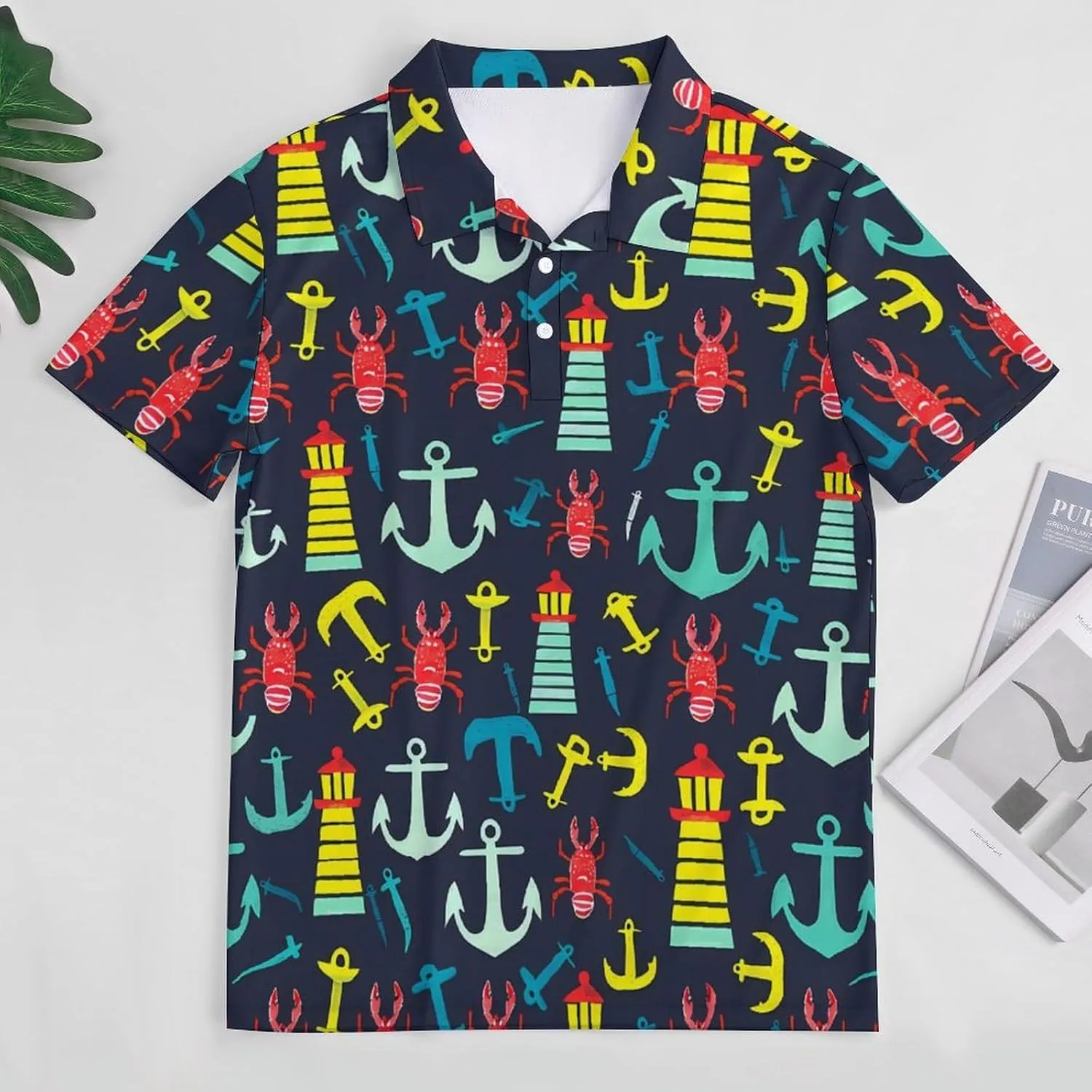 Red Lobster Lighthous Mens Polo Shirts Quick Dry Short Sleeve Golf Slim Fit T Shirt