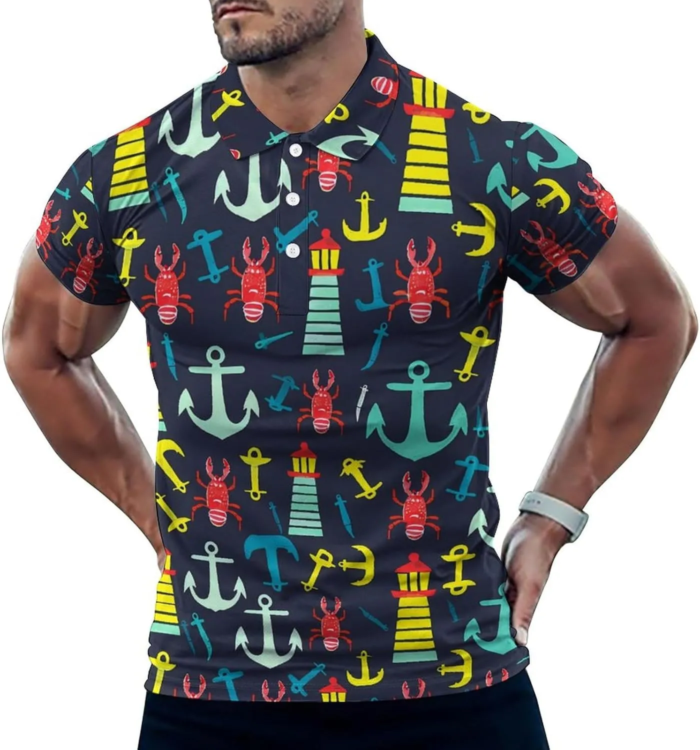 Red Lobster Lighthous Mens Polo Shirts Quick Dry Short Sleeve Golf Slim Fit T Shirt
