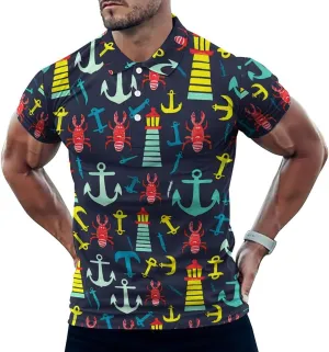 Red Lobster Lighthous Mens Polo Shirts Quick Dry Short Sleeve Golf Slim Fit T Shirt