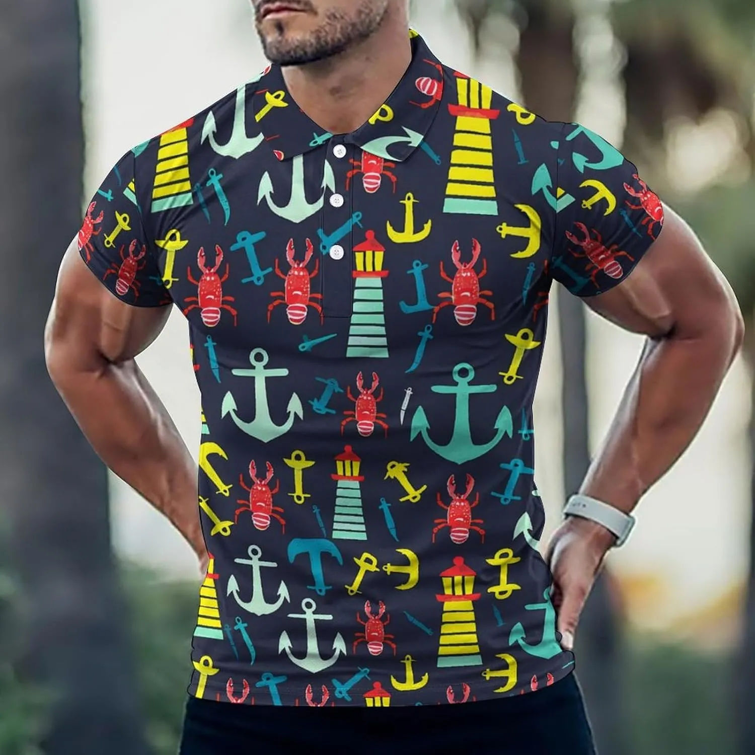 Red Lobster Lighthous Mens Polo Shirts Quick Dry Short Sleeve Golf Slim Fit T Shirt