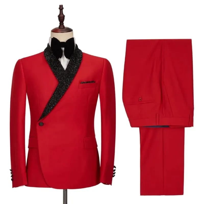 Red Shawl Lapel Two Pieces Wedding Suits with Black Sequins Lapel One Button Slim Fit Prom Suits
